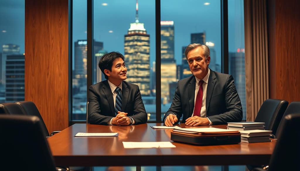 A boardroom scene with two professionals in formal attire, one representing the employer and the other an employment lawyer, engaged in a thoughtful discussion to resolve a workplace dispute. The lighting is warm and inviting, creating an atmosphere of collaboration and problem-solving. The background features a large window overlooking a bustling city skyline, suggesting the importance of the decision-making process. Subtle details, such as a negotiation briefcase and a stack of documents, hint at the complexity of the legal matter at hand. The composition emphasizes the consultation and decision-making aspects of employment dispute resolution. A boardroom scene with two professionals in formal attire, one representing the employer and the other an employment lawyer, engaged in a thoughtful discussion to resolve a workplace dispute. The lighting is warm and inviting, creating an atmosphere of collaboration and problem-solving. The background features a large window overlooking a bustling city skyline, suggesting the importance of the decision-making process. Subtle details, such as a negotiation briefcase and a stack of documents, hint at the complexity of the legal matter at hand. The composition emphasizes the consultation and decision-making aspects of employment dispute resolution.