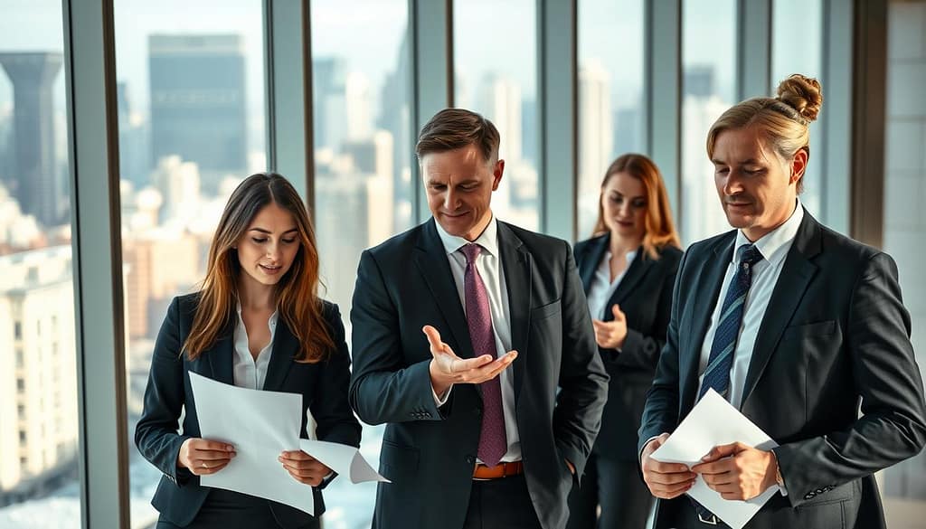 employment law solicitors standing in a modern law office, natural lighting illuminating their faces, conveying professionalism and expertise; in the foreground, two solicitors in formal business attire reviewing legal documents, their expressions focused and determined; in the middle ground, a third solicitor gesturing while speaking to a client, their body language exuding confidence and care; in the background, floor-to-ceiling windows overlooking a bustling city skyline, suggesting the solicitors' deep understanding of the legal landscape and their ability to navigate complex employment law matters for their clients. employment law solicitors standing in a modern law office, natural lighting illuminating their faces, conveying professionalism and expertise; in the foreground, two solicitors in formal business attire reviewing legal documents, their expressions focused and determined; in the middle ground, a third solicitor gesturing while speaking to a client, their body language exuding confidence and care; in the background, floor-to-ceiling windows overlooking a bustling city skyline, suggesting the solicitors' deep understanding of the legal landscape and their ability to navigate complex employment law matters for their clients.